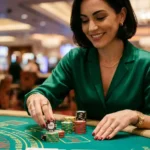 slot machine jackpot stylish woman with casino chips inside a real casino gaming floor near slot machines