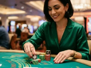 slot machine jackpot stylish woman with casino chips inside a real casino gaming floor near slot machines