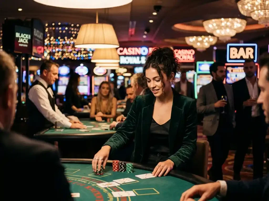 Young female player at casino table games in a lively casino night scene (slot machine jackpot)
