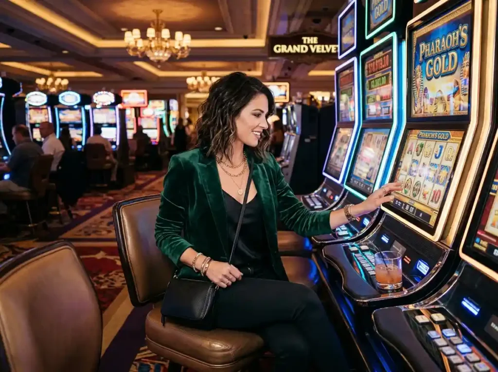 wild ape demo – fashionable casino visitor playing slot games inside a real casino floor with illuminated machines and lively atmosphere