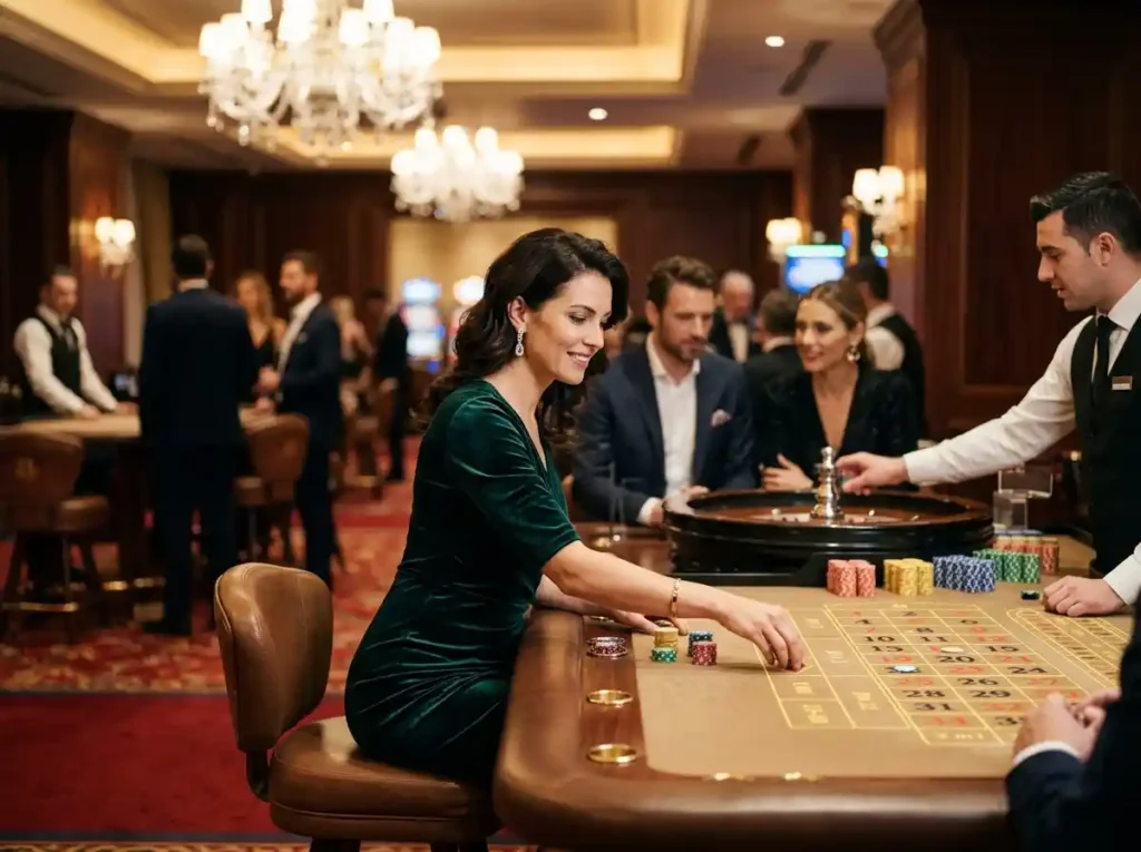 wild ape demo featuring a female guest enjoying a casino night out, playing slot machines inside a luxury casino floor