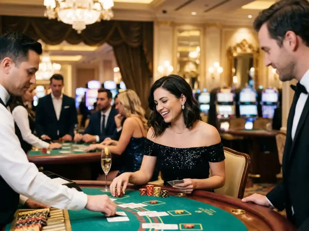 wild ape demo - stylish woman enjoying luxury casino games inside a high-end casino floor with vibrant lights and slot machines