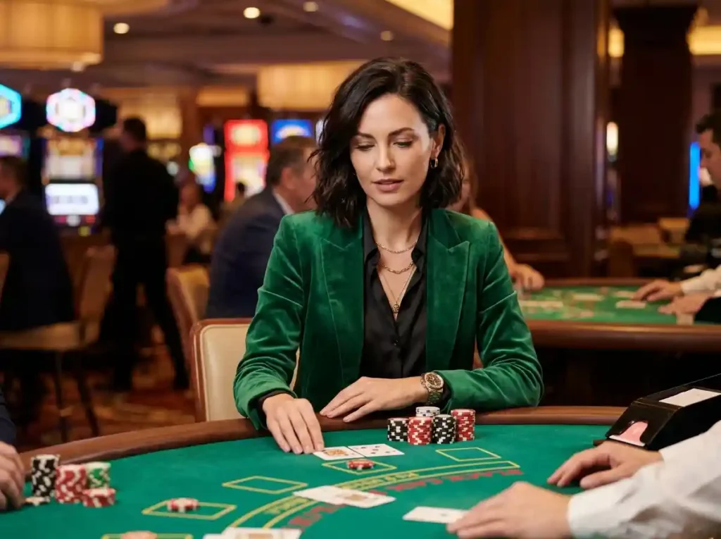 Female casino guest playing table games in a real casino setting, showcasing amex casino online tips for smarter gameplay strategies.