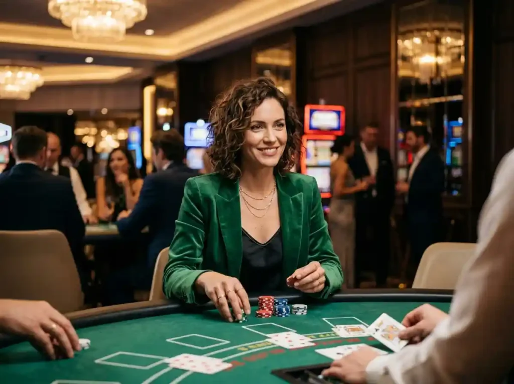Stylish casino guest playing table games inside a luxury casino, reflecting the excitement behind amex casino online tips and modern gaming experiences