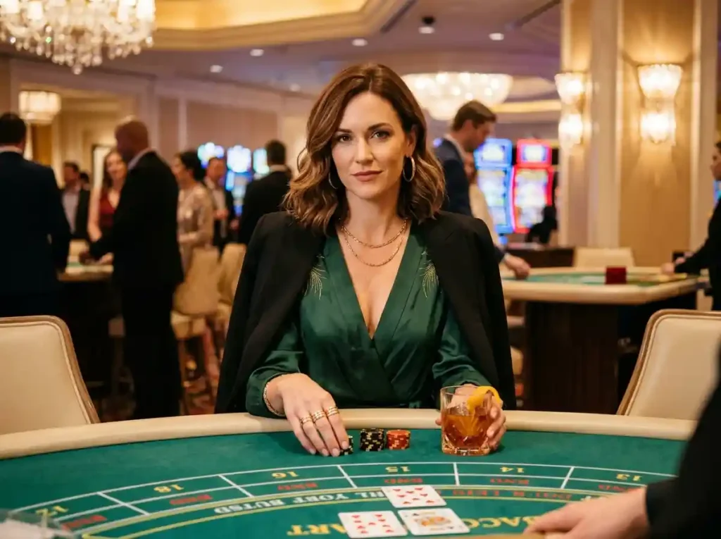 Woman playing casino games inside a real casino from a front view, showcasing amex casino online tips for a modern gaming experience.