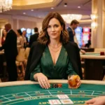 Woman playing casino games inside a real casino from a front view, showcasing amex casino online tips for a modern gaming experience.