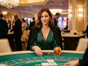 Woman playing casino games inside a real casino from a front view, showcasing amex casino online tips for a modern gaming experience.