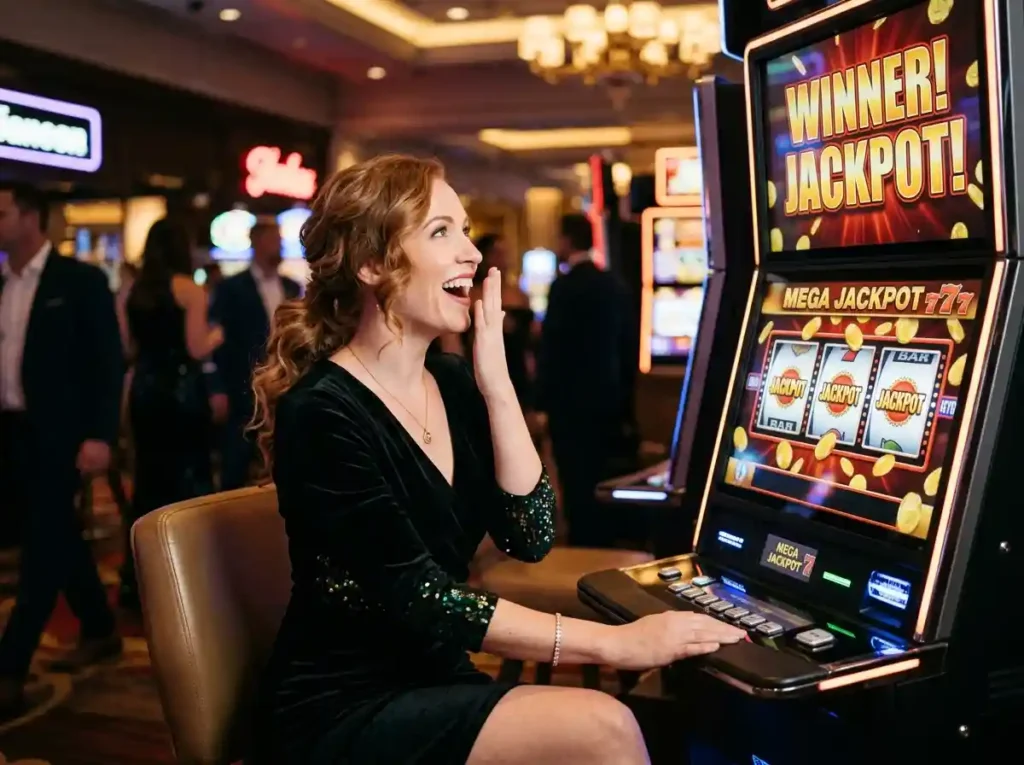 Woman celebrating a jackpot win at a real casino slot machine, inspired by amex casino online tips for exciting casino experiences