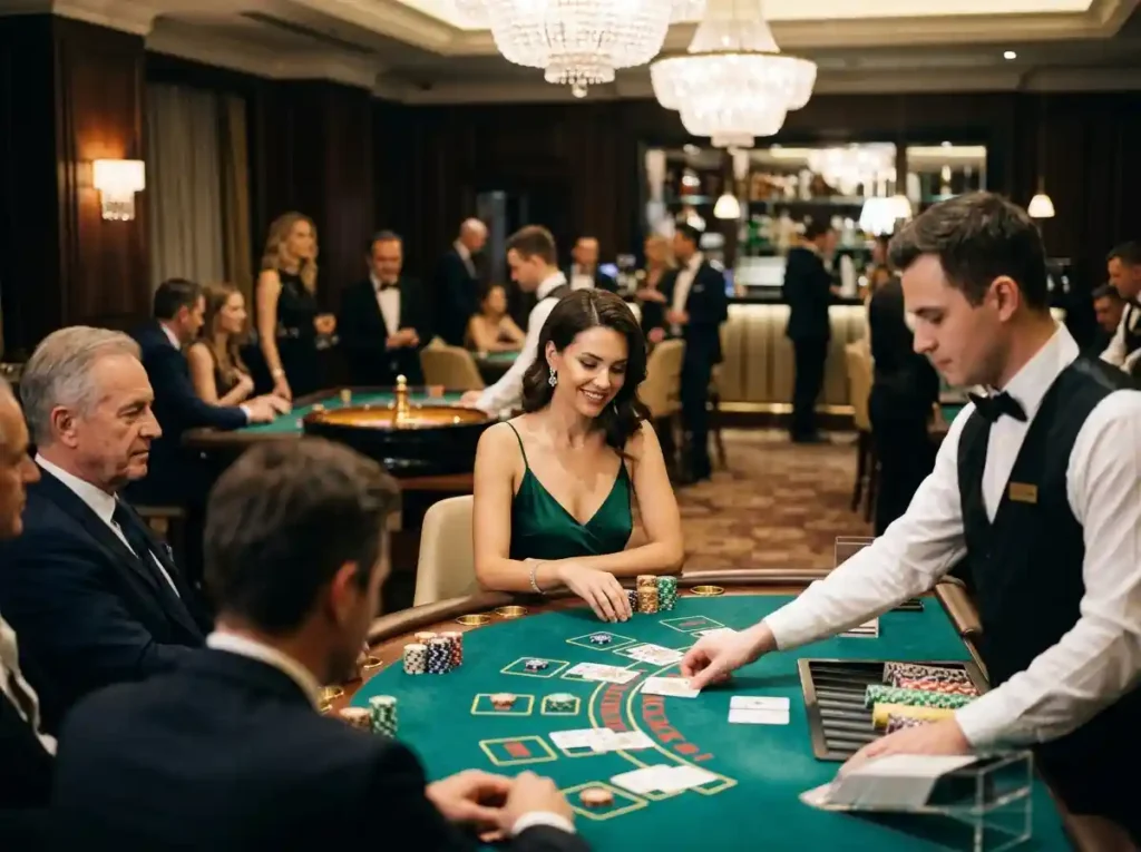 Elegant female guest enjoying a luxurious casino night scene, connected to the topic of are online casinos rigged explained through real casino gaming atmosphere