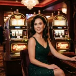 Elegant woman playing inside a luxury casino with slot machine background, visually connected to the topic are online casinos rigged explained