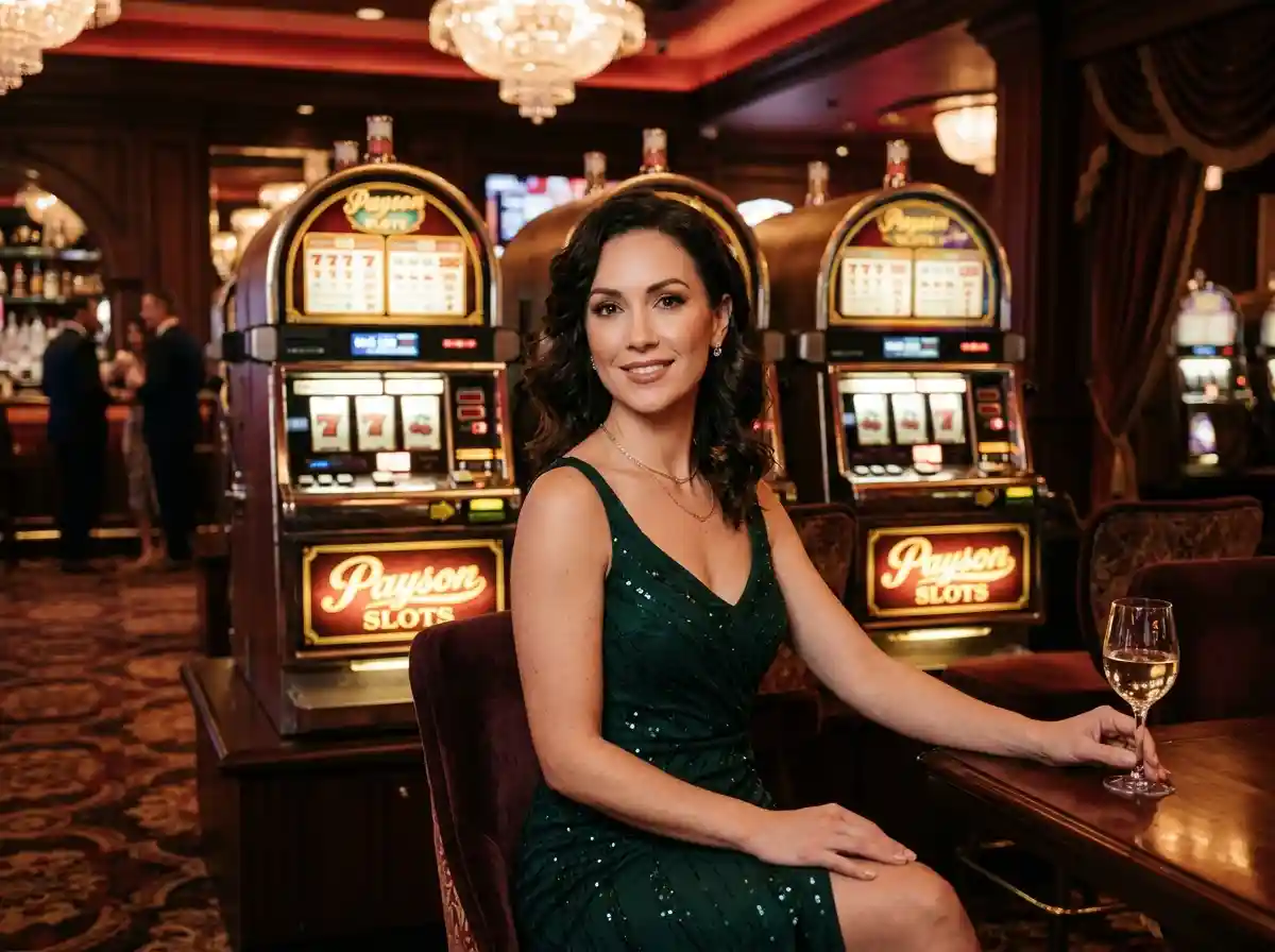 Elegant woman playing inside a luxury casino with slot machine background, visually connected to the topic are online casinos rigged explained