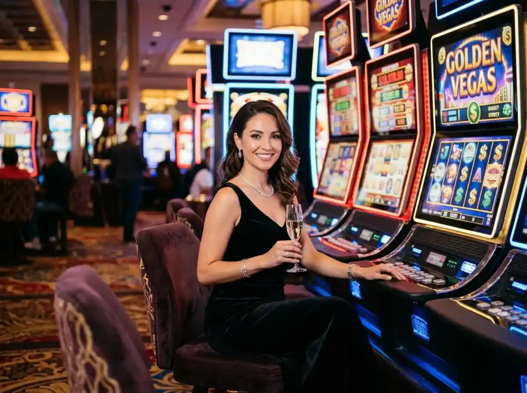 Are online casinos rigged explained through a stylish woman enjoying slot machines inside a luxury casino atmosphere connected to online casino gaming experiences