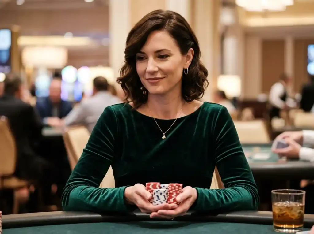 Elegant woman holding poker chips while playing in a real casino, connected to the topic are online casinos rigged explained