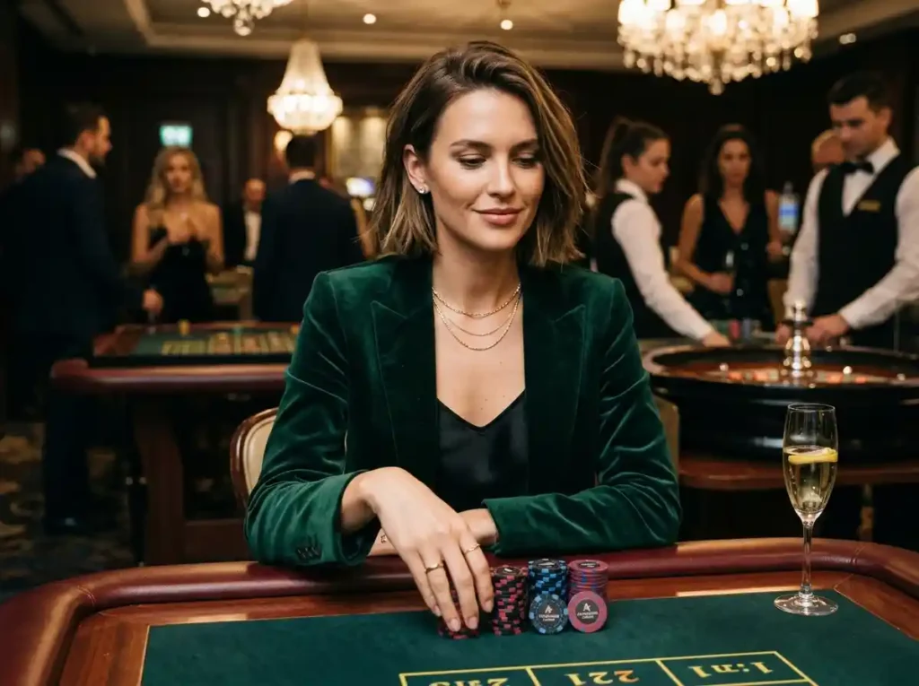 Stylish female gambler holding casino chips inside a luxurious real casino, capturing the excitement connected to the best jili slot game experience in online casino gaming