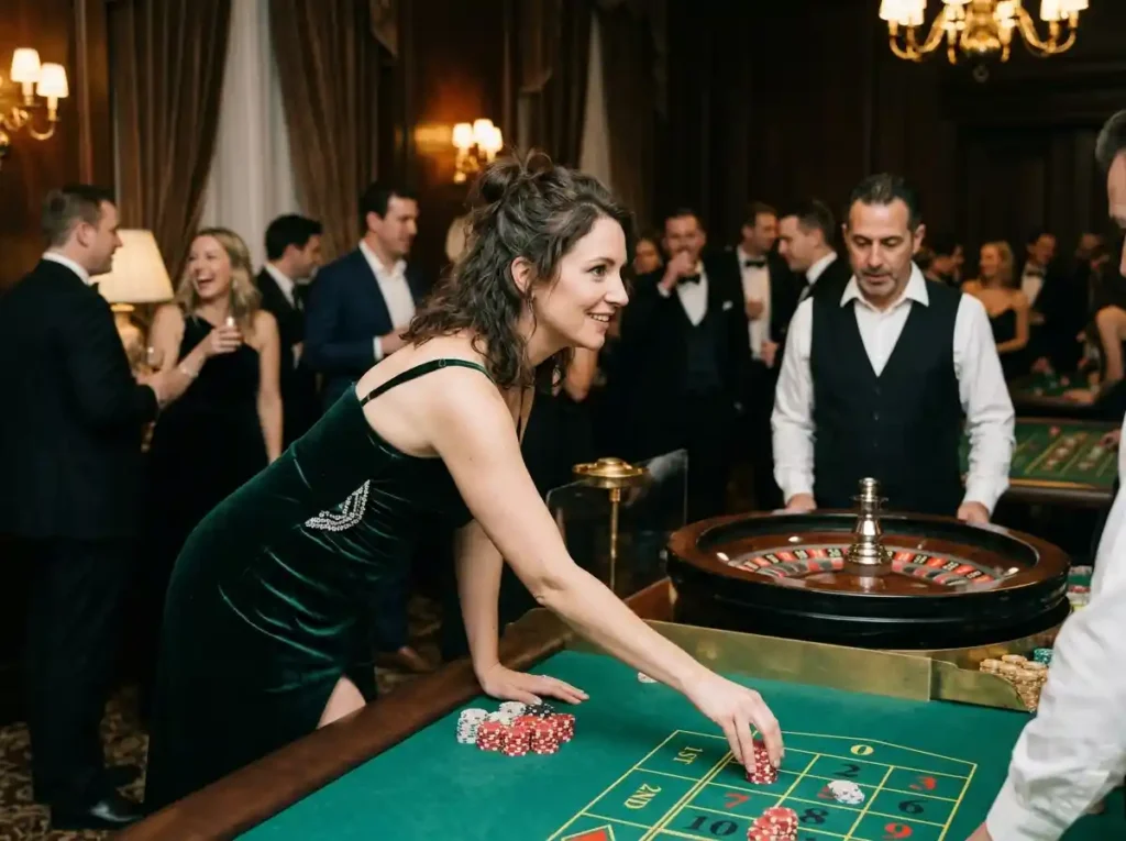 Female guest in a VIP casino area inside a real casino, enjoying the atmosphere of the best jili slot game experience in an online casino setting.