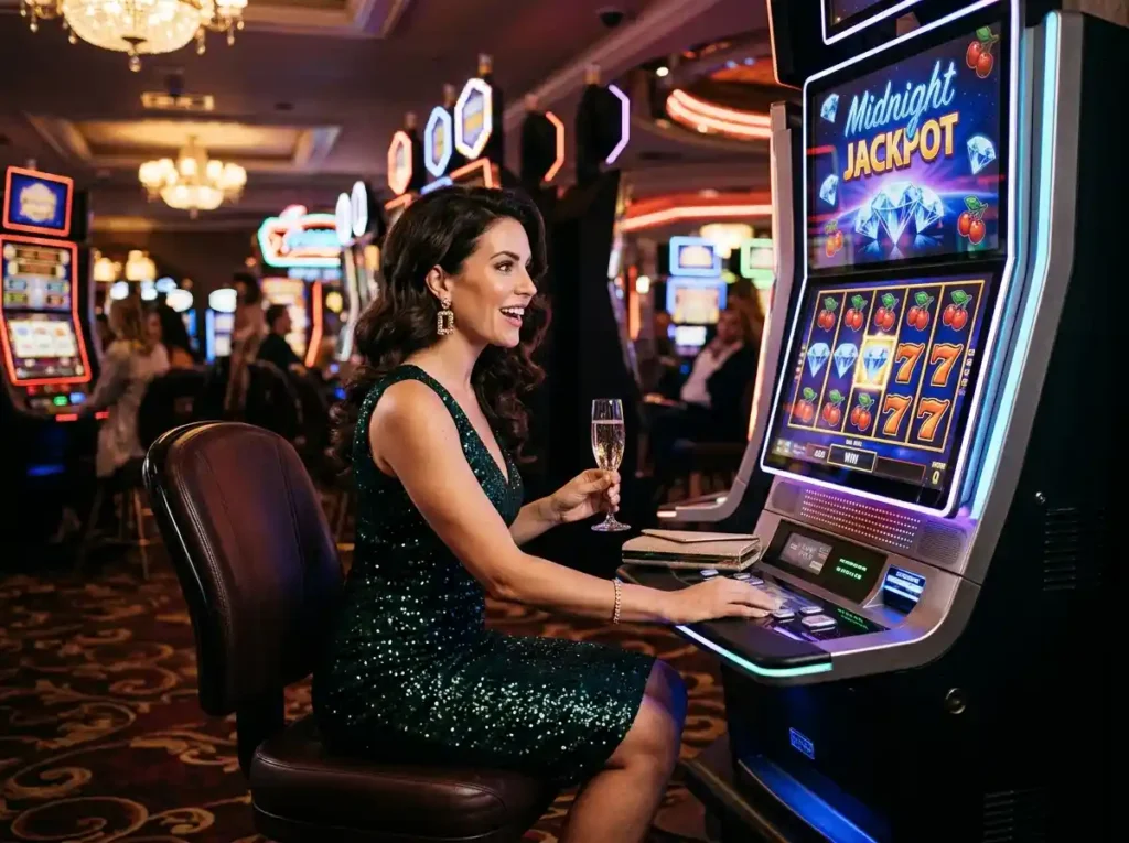 Woman playing at a slot machine inside a real casino, exploring the best jili slot game experience in an online casino gaming context.