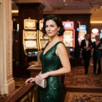 Elegant female guest enjoying a slot machine experience inside a luxury casino, inspired by the do 888 online casino guide atmosphere