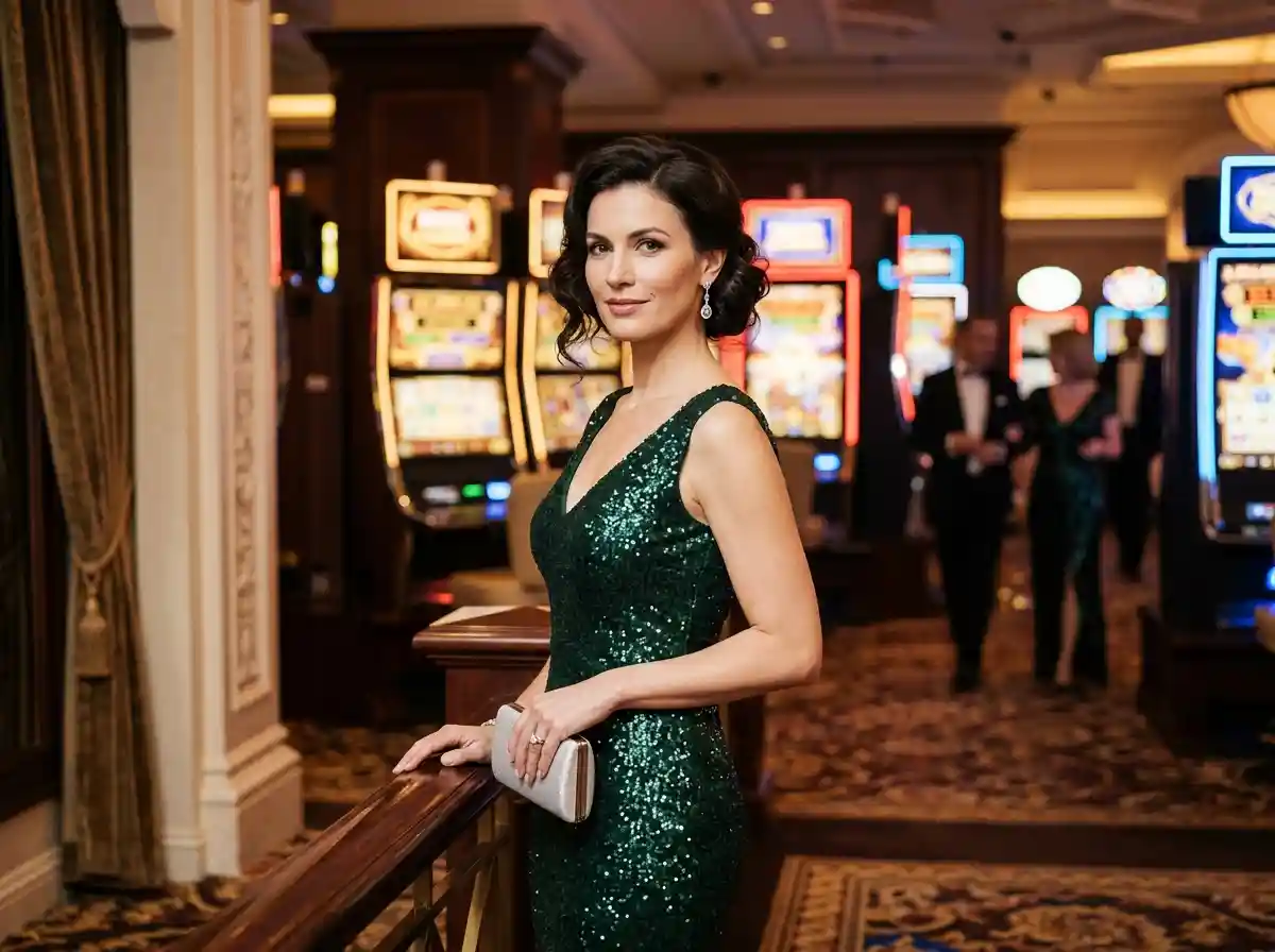 Elegant female guest enjoying a slot machine experience inside a luxury casino, inspired by the do 888 online casino guide atmosphere