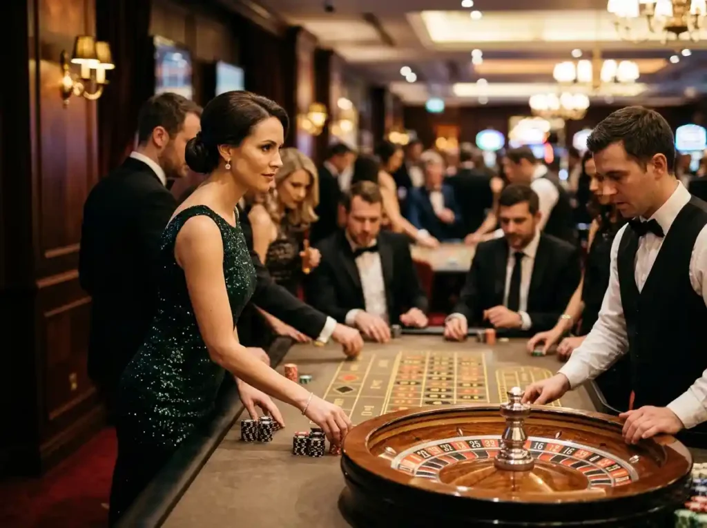 Elegant female player enjoying a luxury casino night scene, inspired by the do 888 online casino guide experience in a real casino setting
