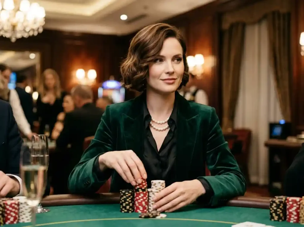 Elegant female player holding casino chips inside a luxury casino, representing the excitement of the do 888 online casino guide experience