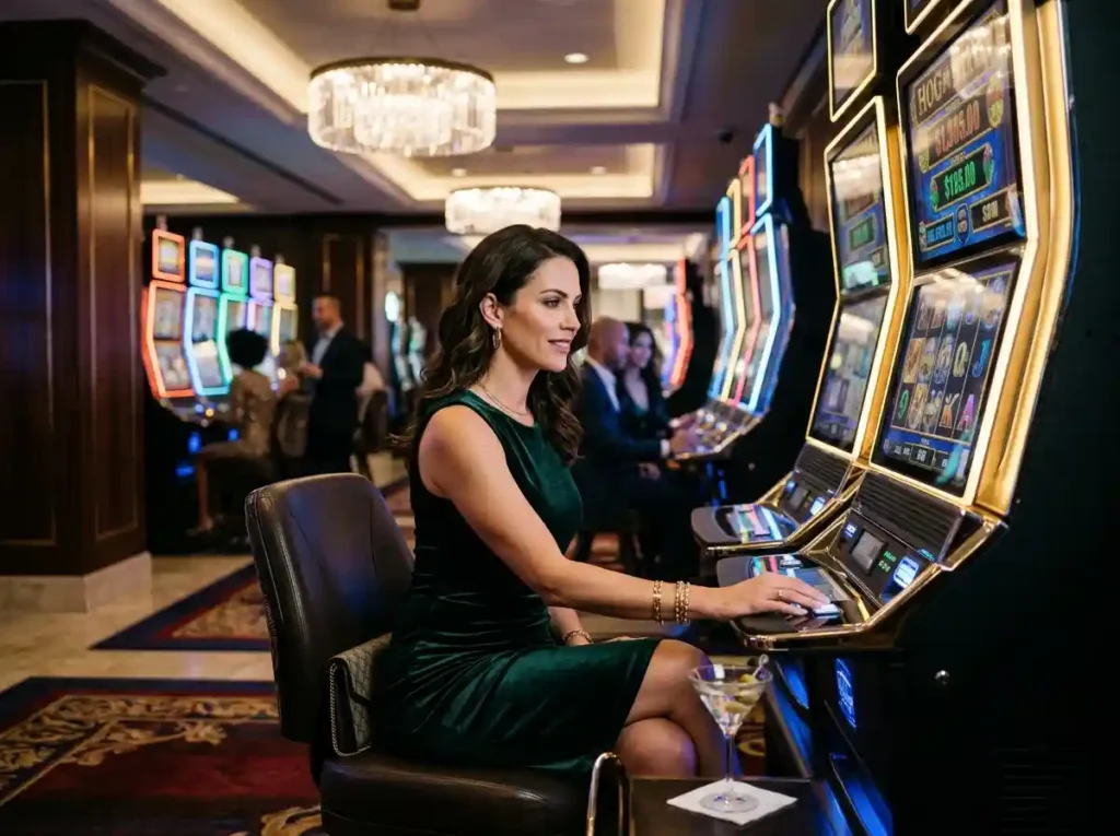 Woman enjoying a luxury casino lifestyle at a slot machine, inspired by the excitement of the do 888 online casino guide experience