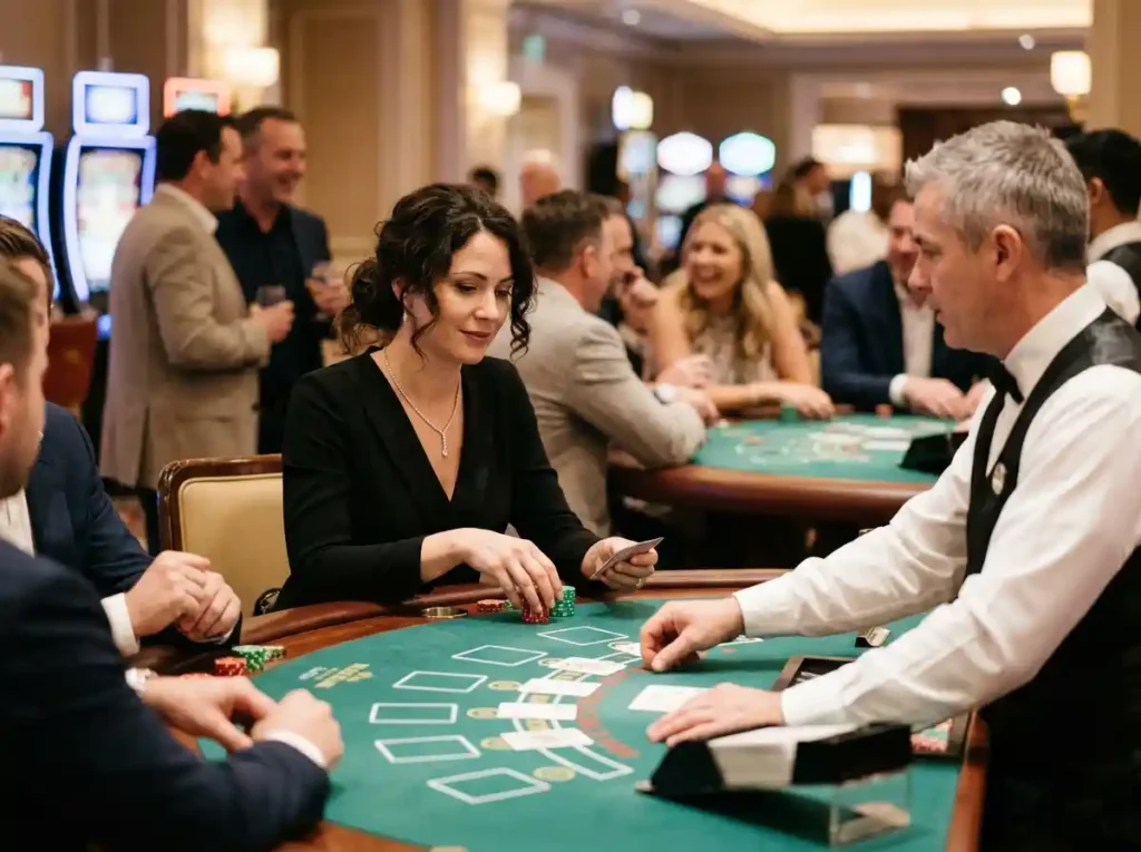 Elegant woman playing blackjack inside a real casino while enjoying hot shot casino slots online gaming experience