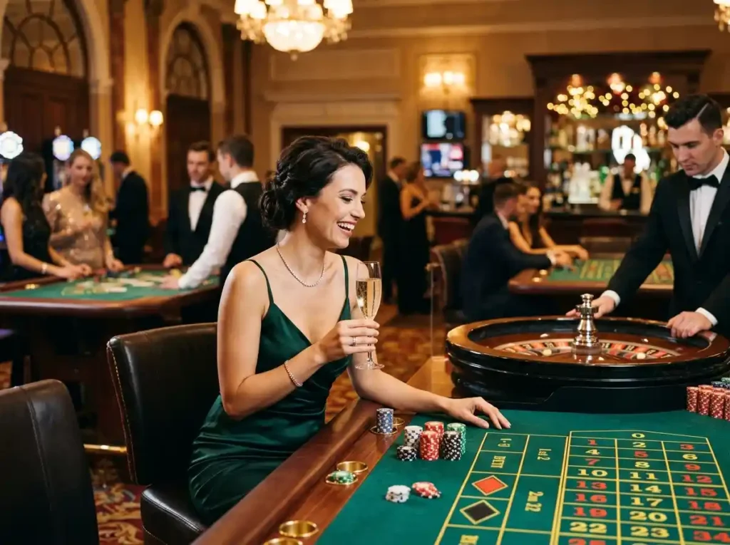Stylish woman enjoying a luxury casino night inside a real gaming venue, inspired by the excitement of hot shot casino slots online casino entertainment