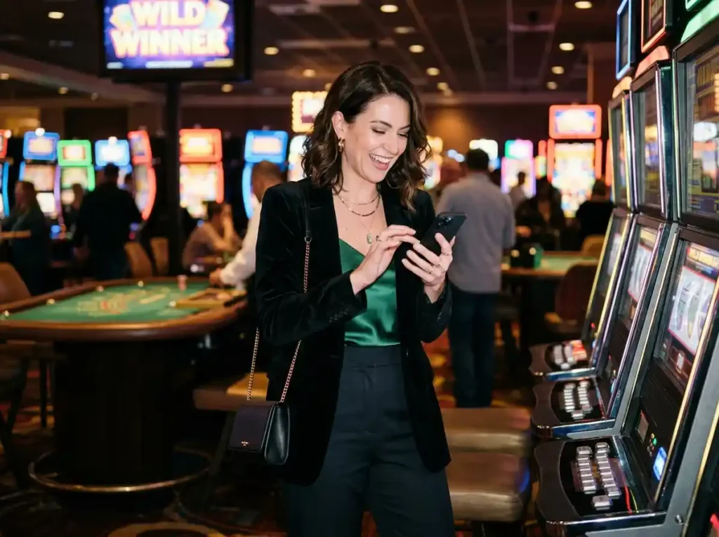 Stylish female guest playing hot shot casino slots on her smartphone inside a real casino while enjoying an exciting online casino experience