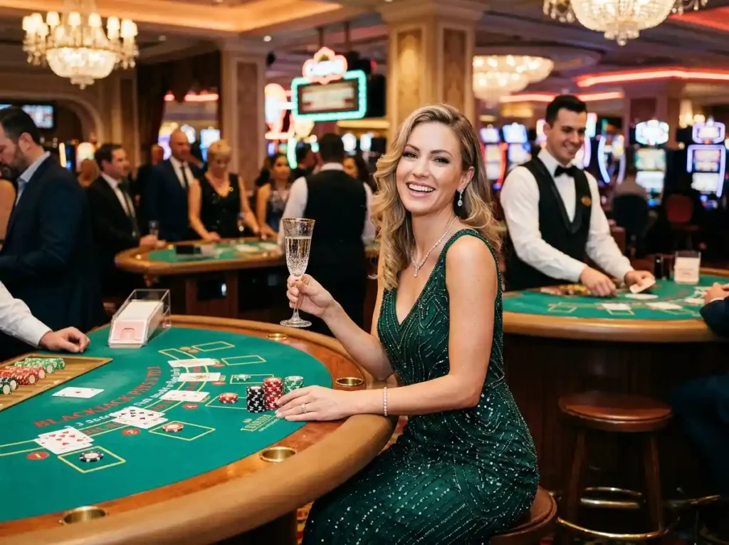 A stylish player seated at a blackjack table inside a real casino, reflecting the experience of an online casino 247 guide that explores live gaming environments and casino atmosphere.