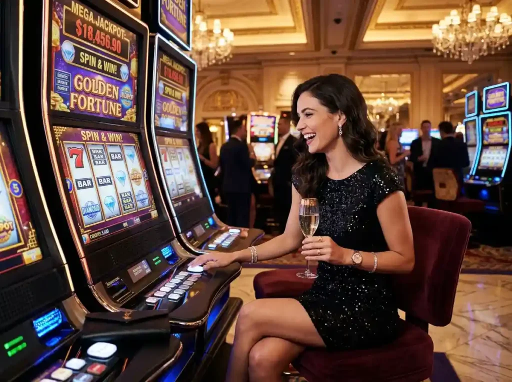 Stylish female player at a luxury slot machine inside a real casino, reflecting the online casino 247 guide experience of modern digital gaming insights.