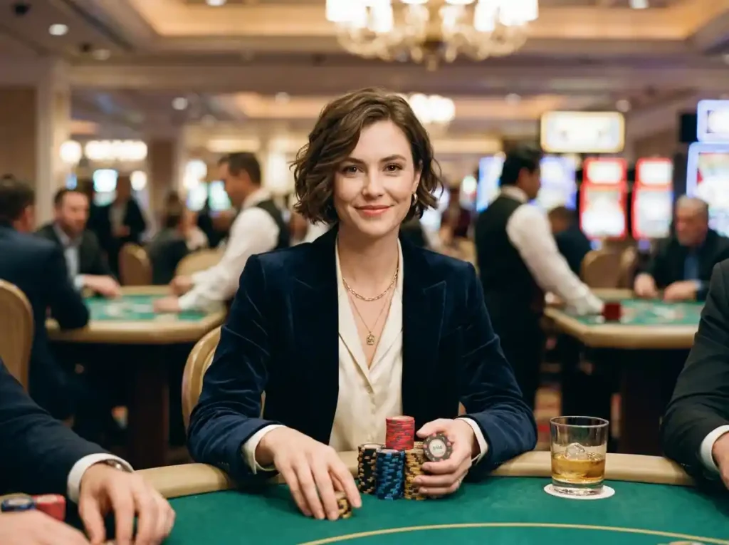 Stylish woman inside a real casino facing the camera with poker chips, featured in an online casino 247 guide setting that highlights modern casino gaming atmosphere.