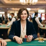 Stylish woman inside a real casino facing the camera with poker chips, featured in an online casino 247 guide setting that highlights modern casino gaming atmosphere.
