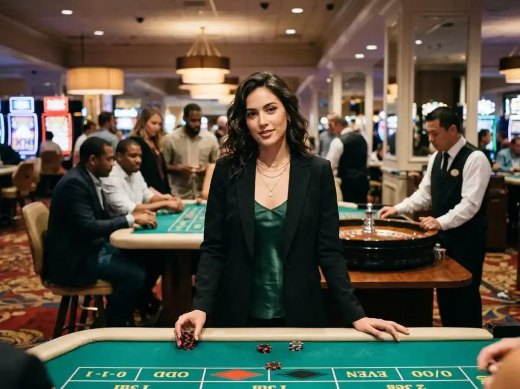 Stylish female player sitting at a roulette table inside a real casino, enjoying the atmosphere while referencing an online casino 247 guide for gaming insights and strategy.