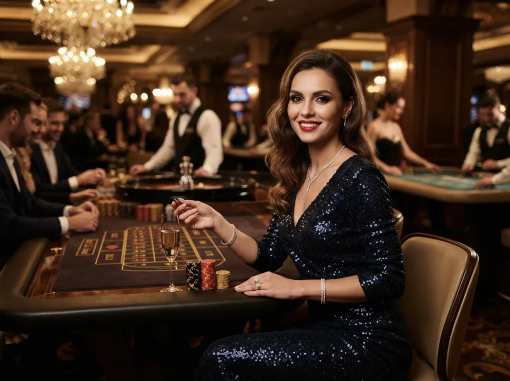 Elegant player facing the camera while playing roulette at 711 bet online casino
