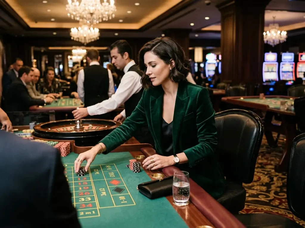 Female player enjoying a luxury gaming experience at 711 bet online casino on a mobile device.