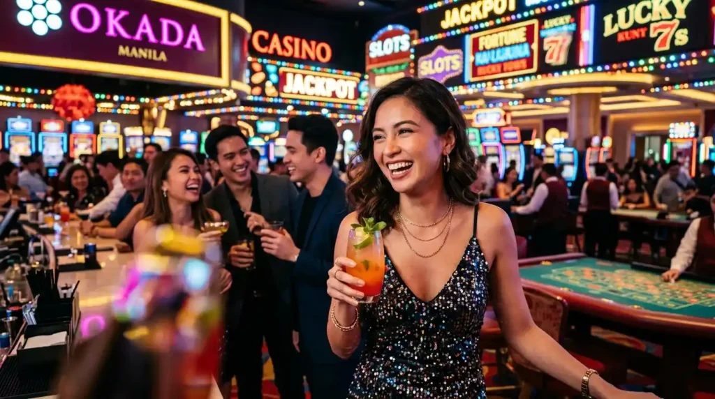 Female guest enjoying the lively atmosphere inside a physical casino, experiencing table games and casino ambiance, associated with 747 online casino.