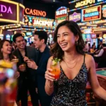 Female guest enjoying the lively atmosphere inside a physical casino, experiencing table games and casino ambiance, associated with 747 online casino.