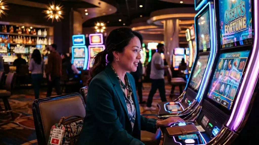 Female guest playing slot machines inside a physical casino setting, showcasing a lively gaming environment associated with 747 online casino.