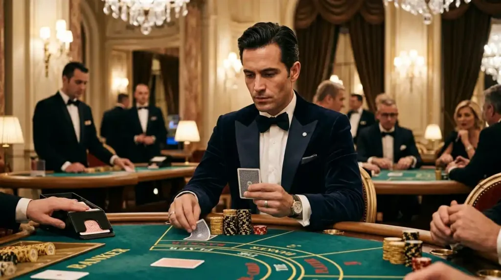 Focused man playing table games inside a real casino setting, representing 747 online casino experience in a physical gaming environment.
