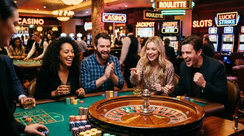 A group of friends playing roulette together in a lively physical casino setting, inspired by 747 online casino, enjoying a social gambling experience around a roulette table.
