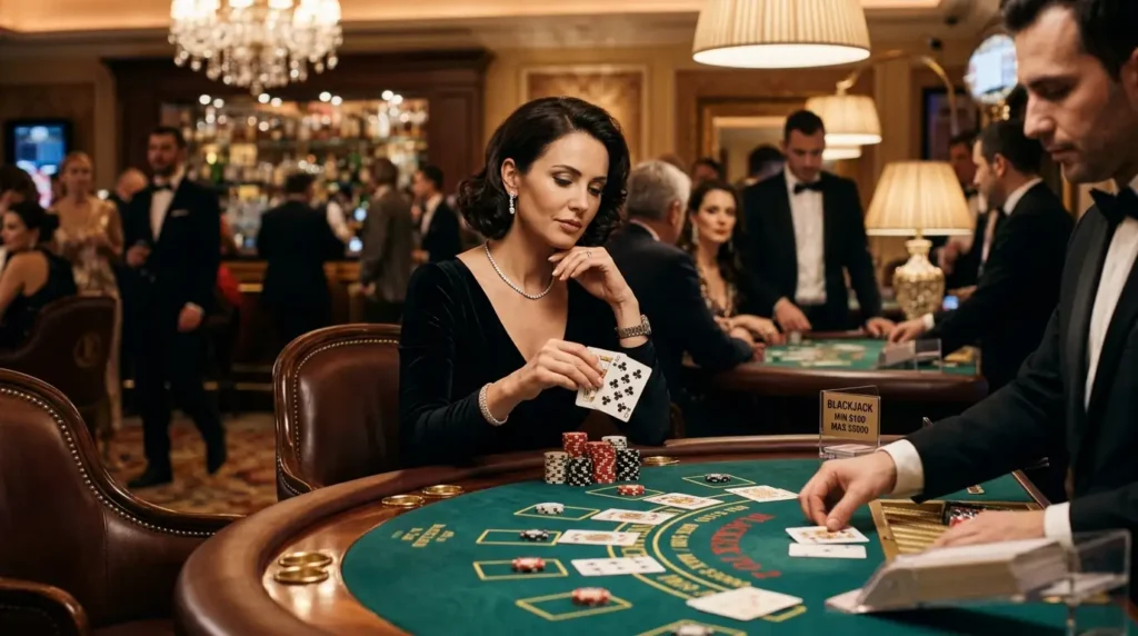 Female guest playing blackjack at a real casino table with chips and cards, representing the 777 pub online casino experience in a physical casino setting.