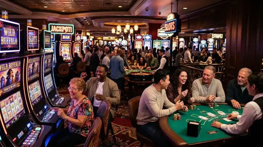 People enjoying a lively casino night experience playing table games in a real physical casino, showcasing the atmosphere associated with 777 pub online casino.