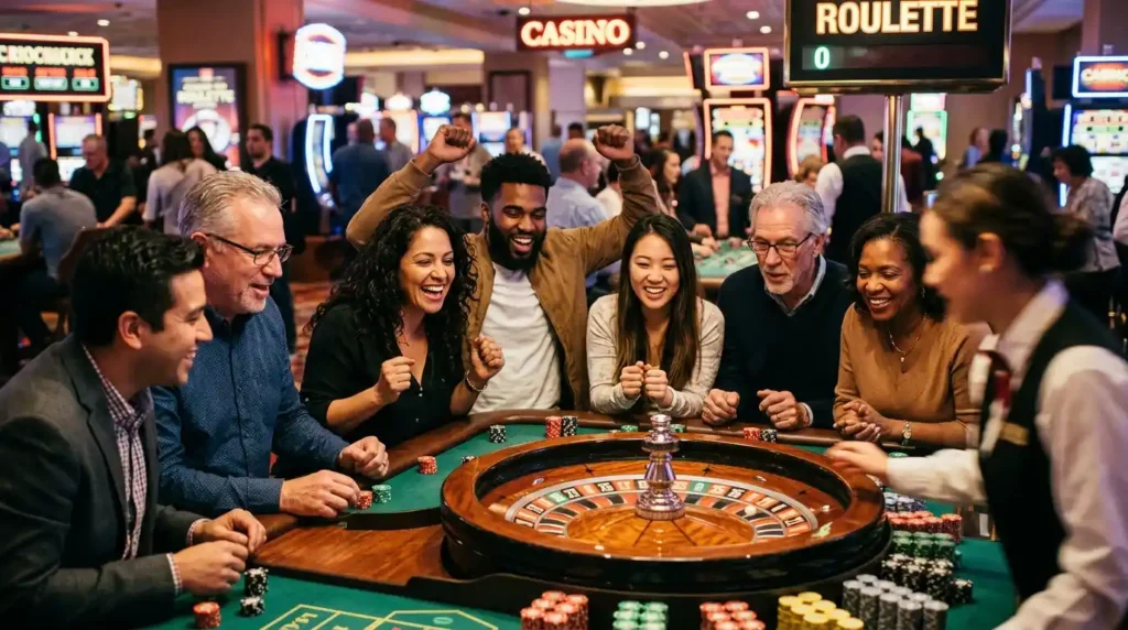 People gathered around a roulette table in a physical casino, playing and placing bets, representing 777 pub online casino gameplay experience in a real-world setting.