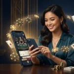 Woman inside a physical casino playing online casino games on a smartphone, associated with 777 pub online casino, surrounded by casino tables and lights.
