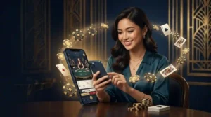 Woman inside a physical casino playing online casino games on a smartphone, associated with 777 pub online casino, surrounded by casino tables and lights.