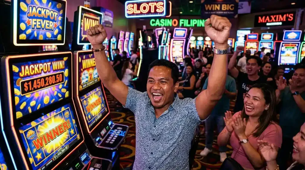 Betvisa Online Casino player celebrating a massive slot machine jackpot win inside a luxurious land-based casino.