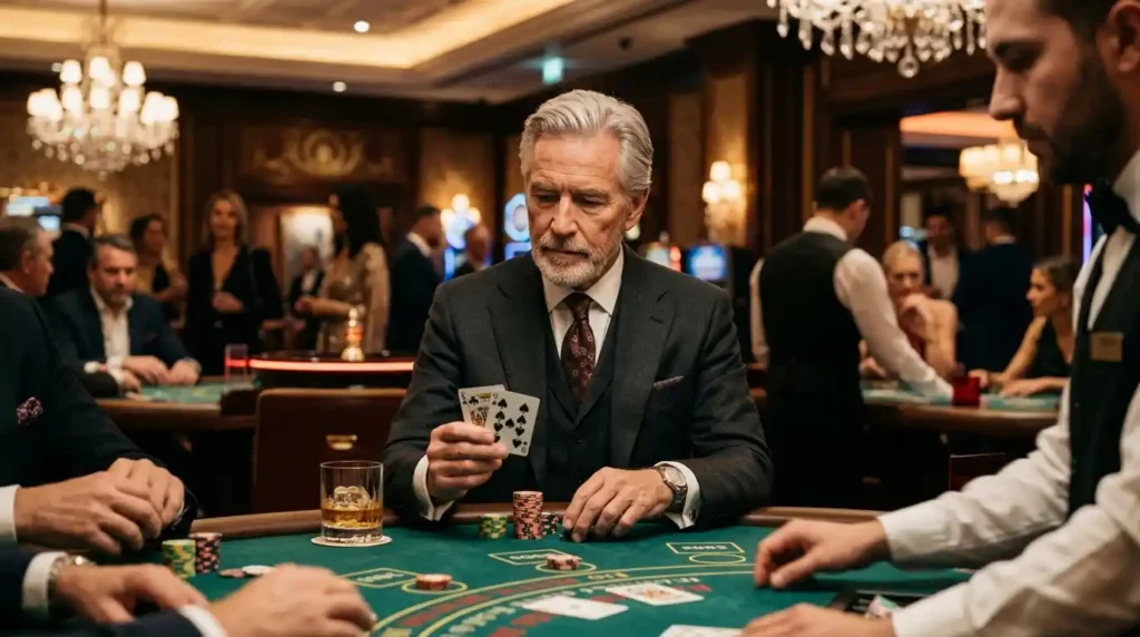 BetVisa Online Casino player enjoying live casino table games in a luxurious physical casino setting.