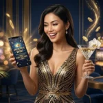 Stylish woman enjoying a luxurious casino gaming session inside a real casino, representing the excitement and entertainment of the Betvisa online casino experience.