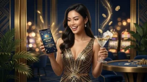 Stylish woman enjoying a luxurious casino gaming session inside a real casino, representing the excitement and entertainment of the Betvisa online casino experience.
