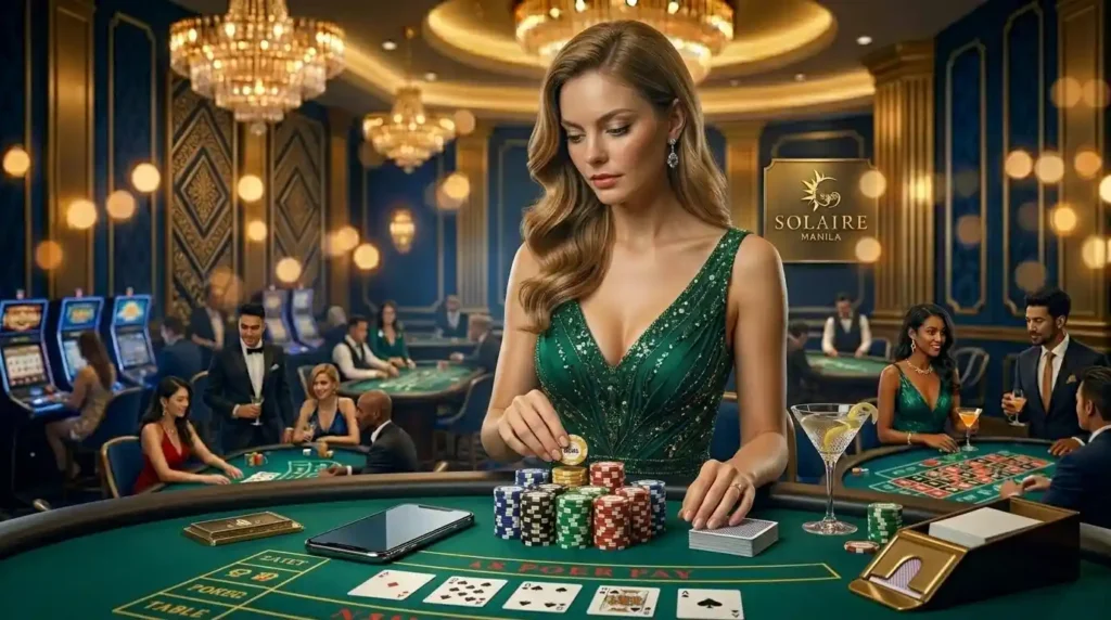 Woman enjoying table games inside a luxury casino while exploring the excitement of Betvisa Online Casino gaming.